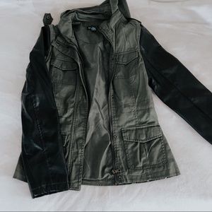 Green, leather on sleeves, jacket with hoodie